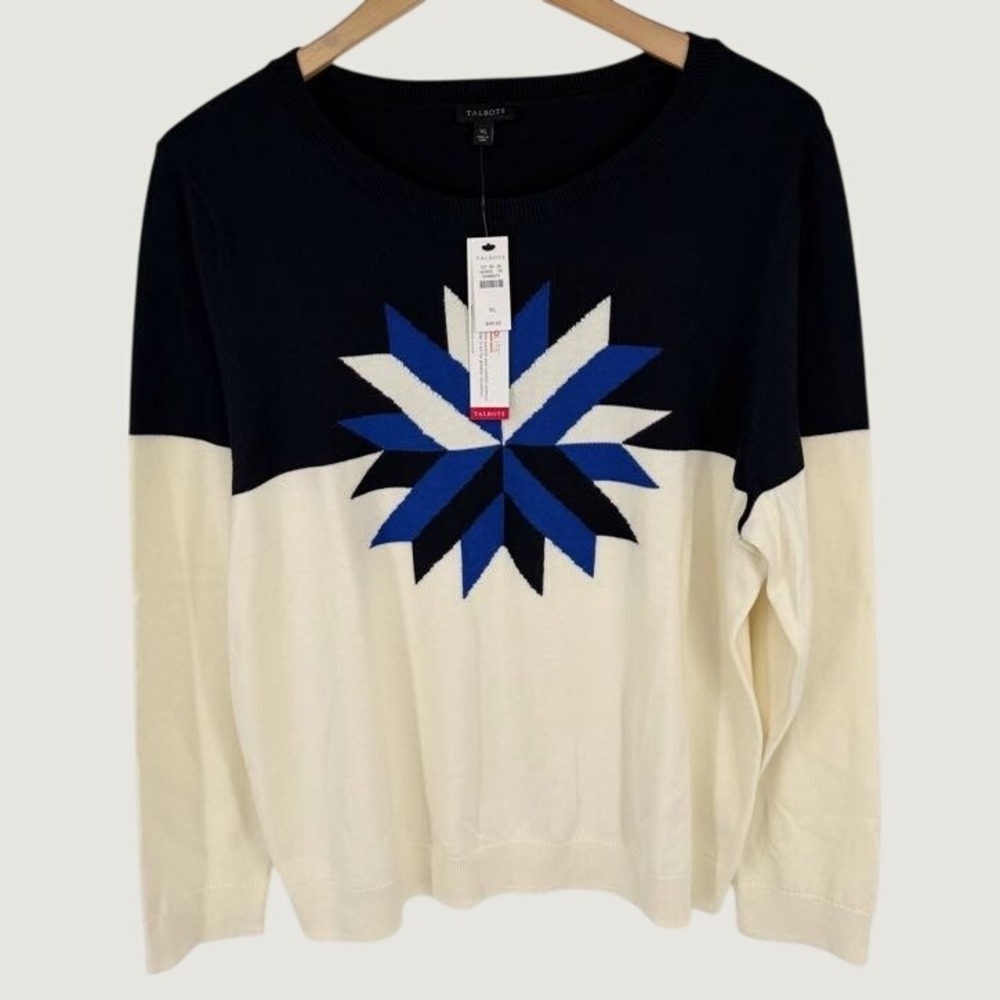 NEW Talbots Thermolite Merino Wool Star Sweater Women's XL Black Ivory Blue Cozy